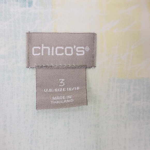 Chico's Size 3 (US 16/18) 3/4 Sleeve Green Yellow Cotton 3/4 Sleeve Top Blouse - Picture 7 of 8